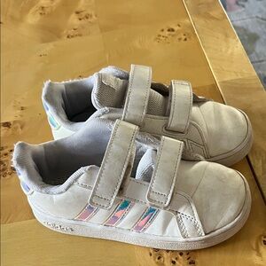 Adidas Kids White Sneakers with Iridescent Stripes